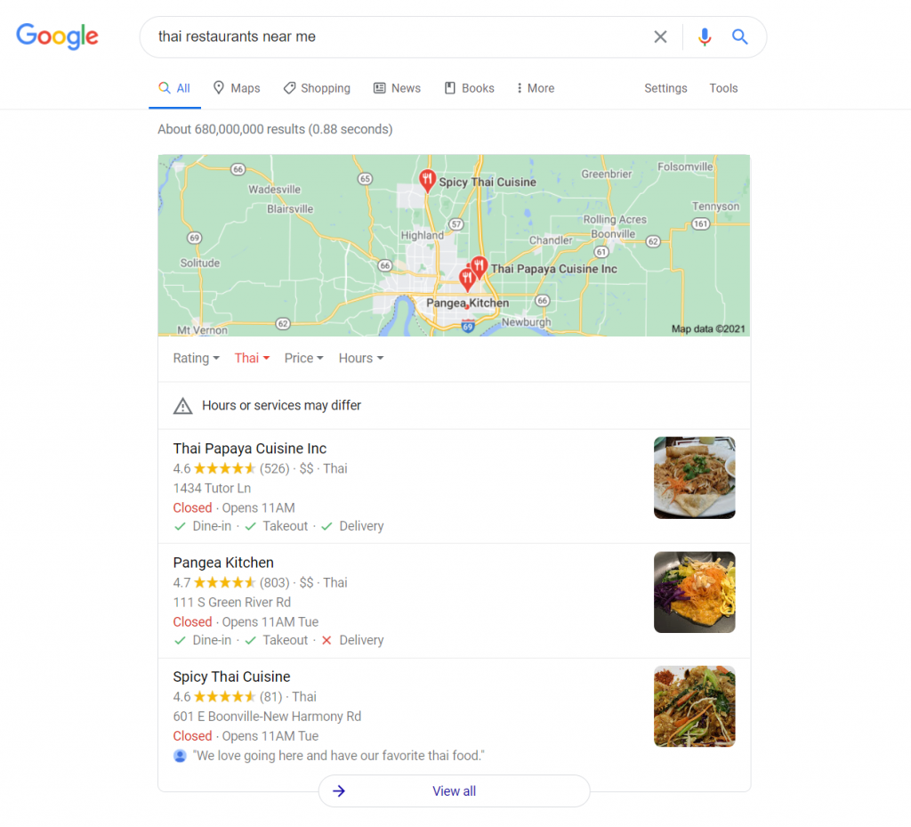 Restaurant digital marketing should be aimed at putting your business in the 3-pack, such as this example of "thai restaurants near me".  SERP 3-Pack on Google.com