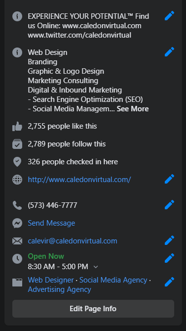 Optimize a Facebook page by filling out the page info.
