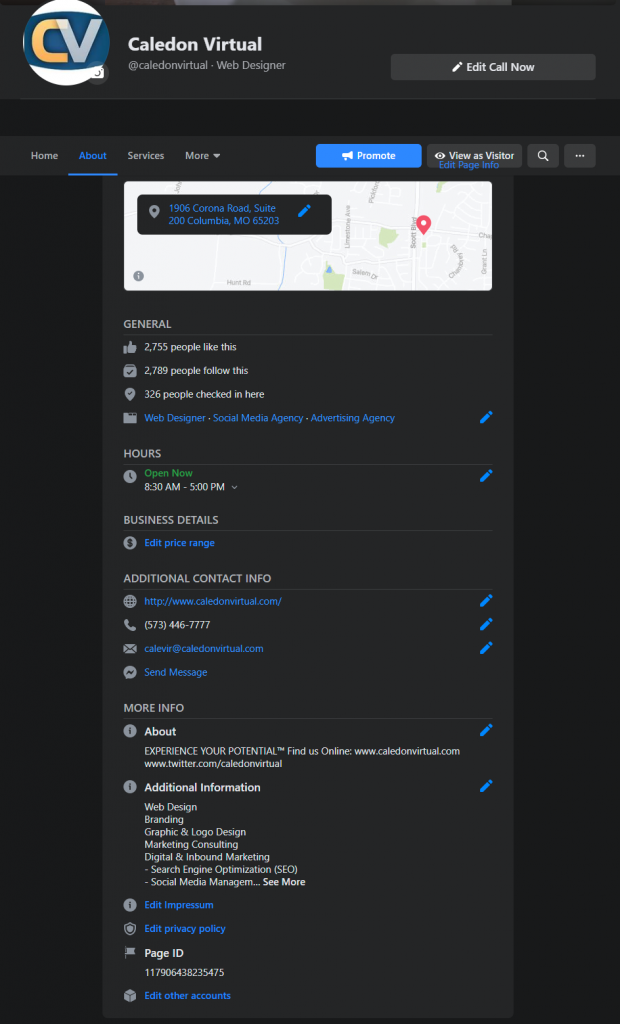 Optimize a Facebook page by completing the "about" section.