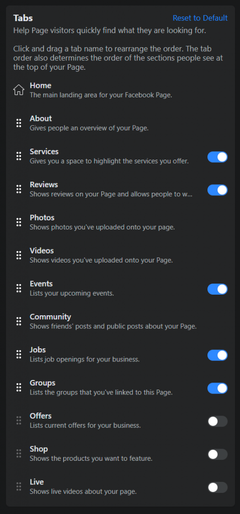 Optimize a Facebook page by utilizing the page's "tab" section to organize custom content about products and services. 
