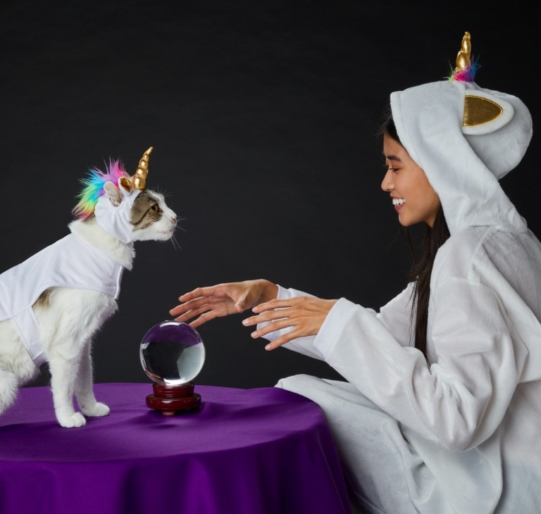 This girl is dressing her cat up for halloween